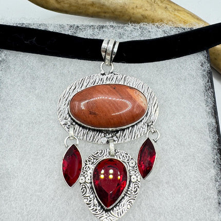 Vintage Red Jasper and Ruby Glass Silver Boho Statement Necklace Black Velvet Choker