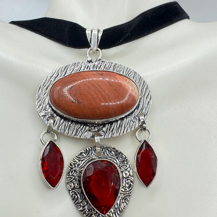 Vintage Red Jasper and Ruby Glass Silver Boho Statement Necklace Black Velvet Choker