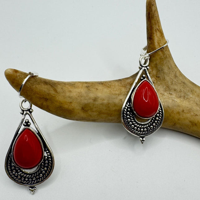Vintage Red Coral Glass Silver Earrings | 925 sterling Silver Lever Backs