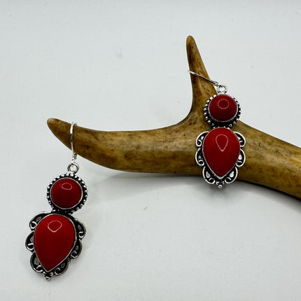 Vintage Red Coral Glass Silver Earrings | 925 sterling Silver Lever Backs