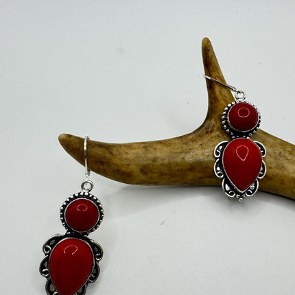 Vintage Red Coral Glass Silver Earrings | 925 sterling Silver Lever Backs