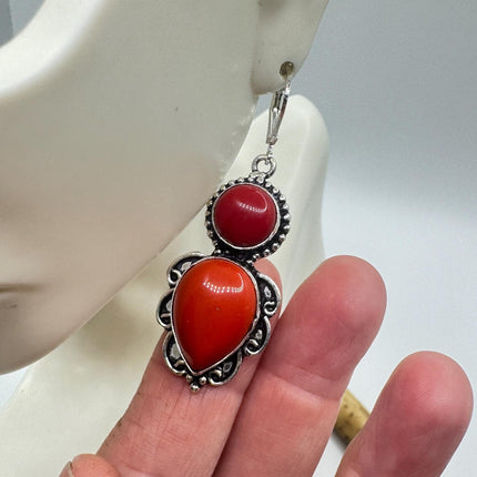 Vintage Red Coral Glass Silver Earrings | 925 sterling Silver Lever Backs