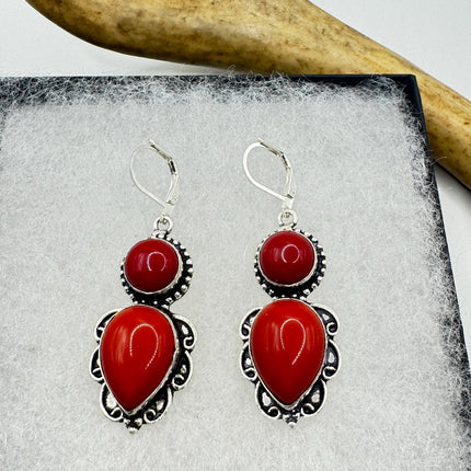 Vintage Red Coral Glass Silver Earrings | 925 sterling Silver Lever Backs