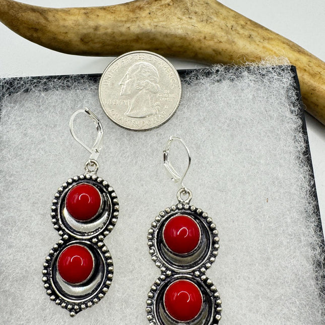 Vintage Red Coral Glass Silver Earrings | 925 sterling Silver Lever Backs