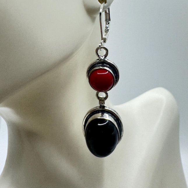 Vintage Red Coral Glass Black Onyx Silver Earrings | 925 sterling Silver Lever Backs