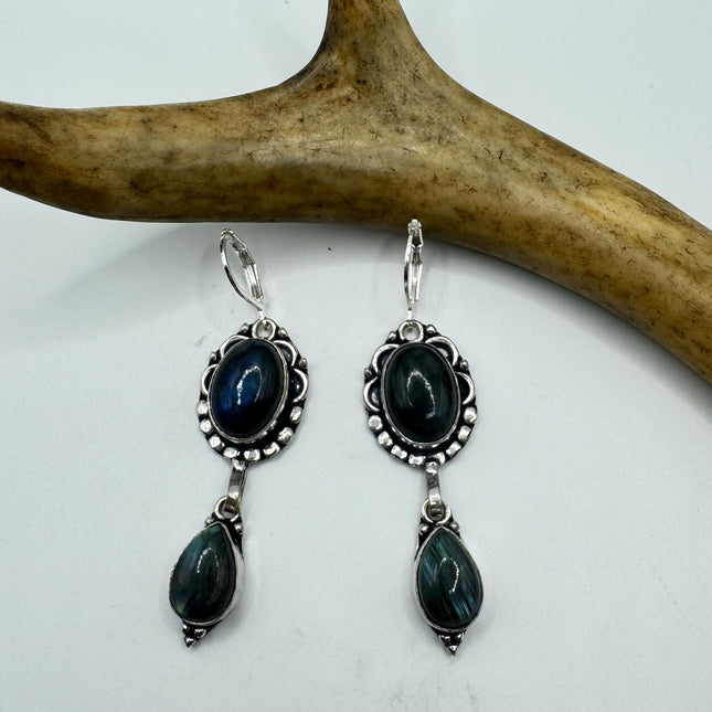 Vintage Labradorite Dangle Earrings Sterling Silver Leverbacks