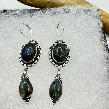 Vintage Labradorite Dangle Earrings Sterling Silver Leverbacks