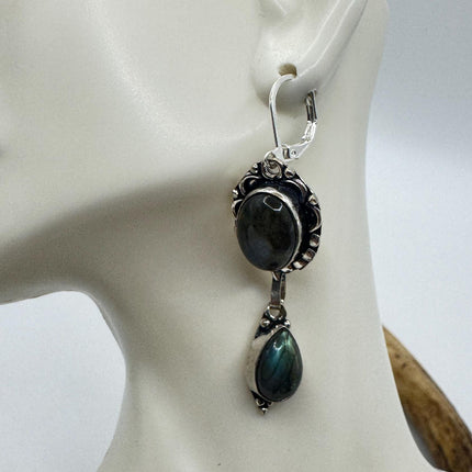 Vintage Labradorite Dangle Earrings Sterling Silver Leverbacks