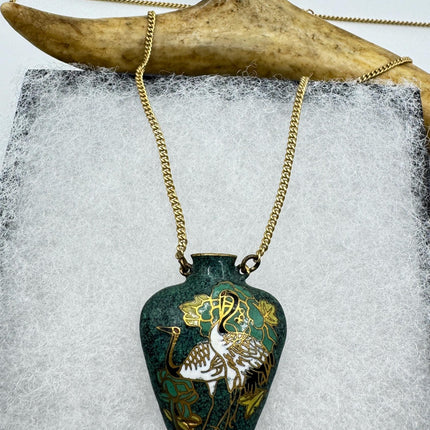 Vintage Green cloisonné enamel vase Deco Choker Necklace - Golden Bronze