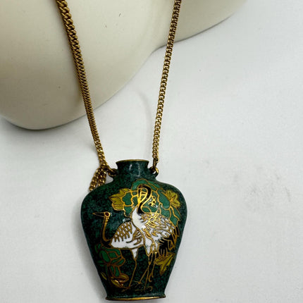 Vintage Green cloisonné enamel vase Deco Choker Necklace - Golden Bronze