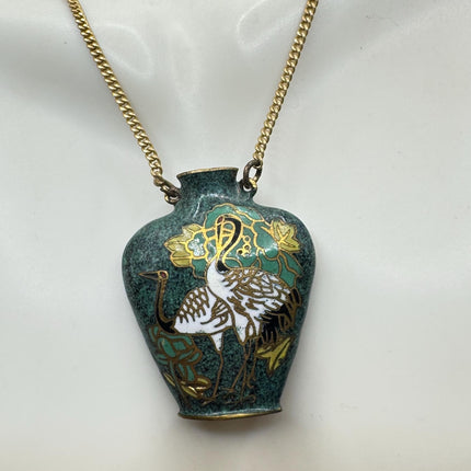 Vintage Green cloisonné enamel vase Deco Choker Necklace - Golden Bronze