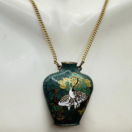 Vintage Green cloisonné enamel vase Deco Choker Necklace - Golden Bronze