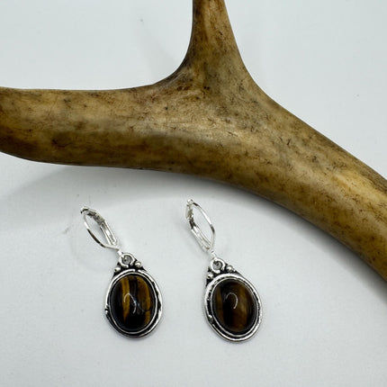 Vintage Tigers Eye Dangle Earrings Sterling Silver Design Statement Leverbacks