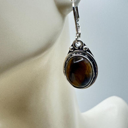 Vintage Tigers Eye Dangle Earrings Sterling Silver Design Statement Leverbacks