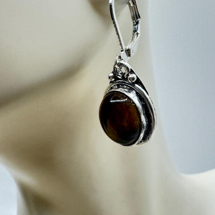 Vintage Tigers Eye Dangle Earrings Sterling Silver Design Statement Leverbacks