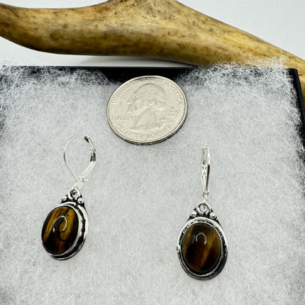 Vintage Tigers Eye Dangle Earrings Sterling Silver Design Statement Leverbacks