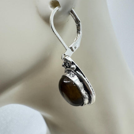 Vintage Tigers Eye Dangle Earrings Sterling Silver Design Statement Leverbacks