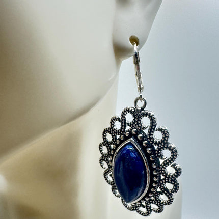 Vintage Cobalt Blue Lapis Lazuli Silver Earrings | 925 sterling Silver Lever Backs