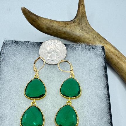 Vintage Green Glass Dangle Earrings Golden Leverbacks