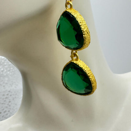 Vintage Green Glass Dangle Earrings Golden Leverbacks