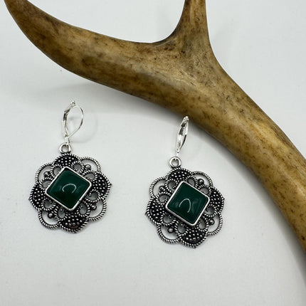 Vintage Gemstone Earrings | Green Chrysoprase | 925 Sterling Round Silver Lever Back Dangle Earrings