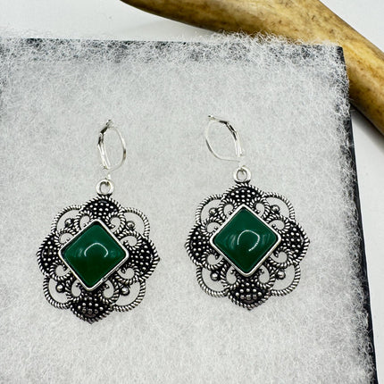 Vintage Gemstone Earrings | Green Chrysoprase | 925 Sterling Round Silver Lever Back Dangle Earrings