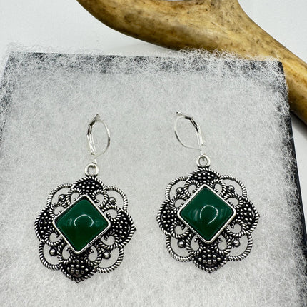 Vintage Gemstone Earrings | Green Chrysoprase | 925 Sterling Round Silver Lever Back Dangle Earrings