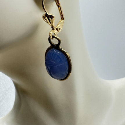 Vintage Tigers Eye Scarab Earrings Dangle Gold Filled