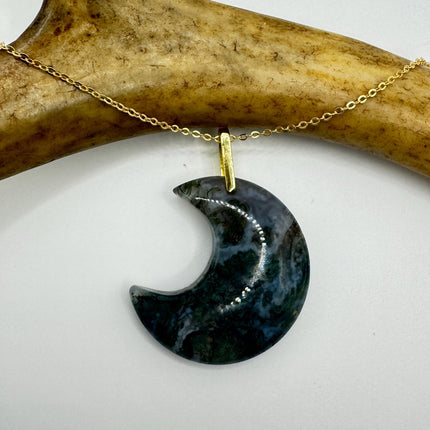 Vintage Gold Moon Pendant Necklace - Moss Agate, Multiple Chain Lengths
