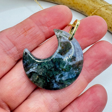 Vintage Gold Moon Pendant Necklace - Moss Agate, Multiple Chain Lengths