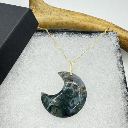 Vintage Gold Moon Pendant Necklace - Moss Agate, Multiple Chain Lengths
