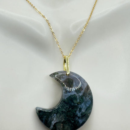 Vintage Gold Moon Pendant Necklace - Moss Agate, Multiple Chain Lengths