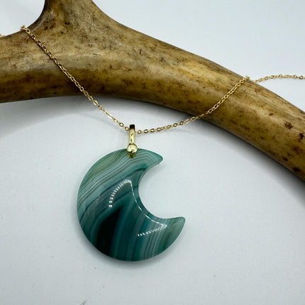 Vintage Gold Moon Pendant Necklace -Green Agate, Multiple Chain Lengths