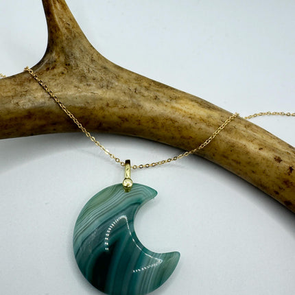 Vintage Gold Moon Pendant Necklace -Green Agate, Multiple Chain Lengths