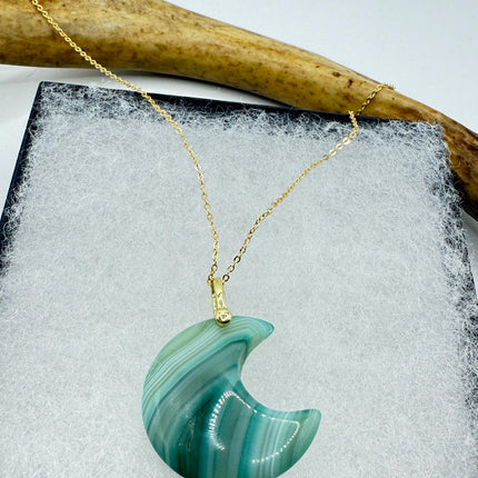 Vintage Gold Moon Pendant Necklace -Green Agate, Multiple Chain Lengths