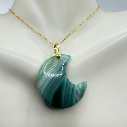 Vintage Gold Moon Pendant Necklace -Green Agate, Multiple Chain Lengths