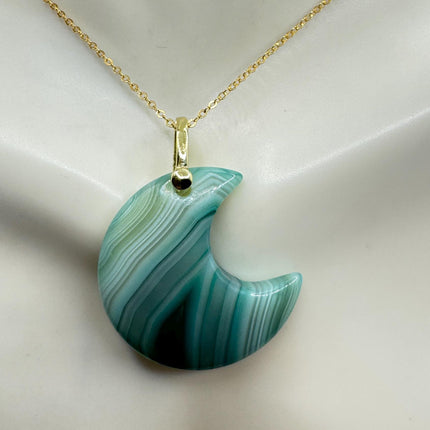Vintage Gold Moon Pendant Necklace -Green Agate, Multiple Chain Lengths