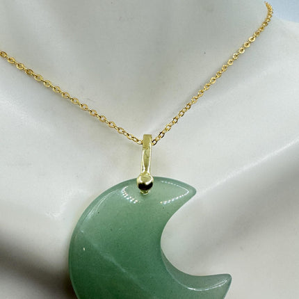 Vintage Gold Moon Pendant Necklace -Green Nephrite Jade, Multiple Chain Lengths