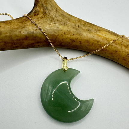 Vintage Gold Moon Pendant Necklace -Green Nephrite Jade, Multiple Chain Lengths