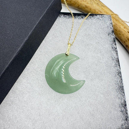 Vintage Gold Moon Pendant Necklace -Green Nephrite Jade, Multiple Chain Lengths