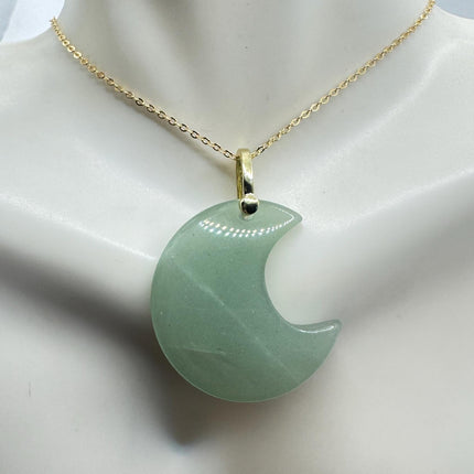 Vintage Gold Moon Pendant Necklace -Green Nephrite Jade, Multiple Chain Lengths