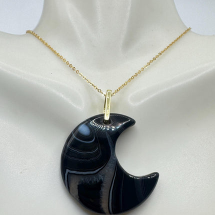 Vintage Gold Moon Pendant Necklace -Black Agate, Multiple Chain Lengths