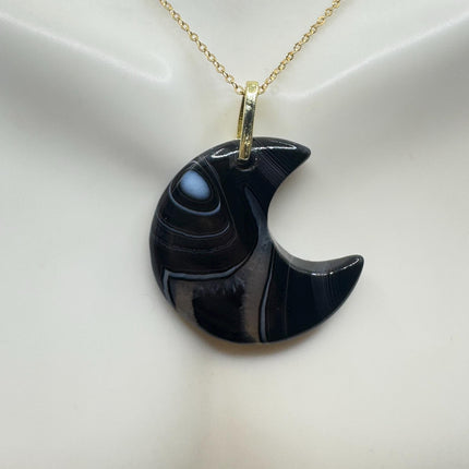 Vintage Gold Moon Pendant Necklace -Black Agate, Multiple Chain Lengths