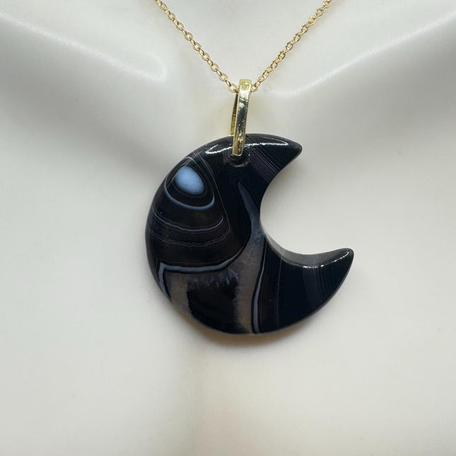 Vintage Gold Moon Pendant Necklace -Black Agate, Multiple Chain Lengths