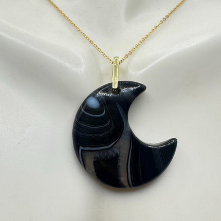 Vintage Gold Moon Pendant Necklace -Black Agate, Multiple Chain Lengths
