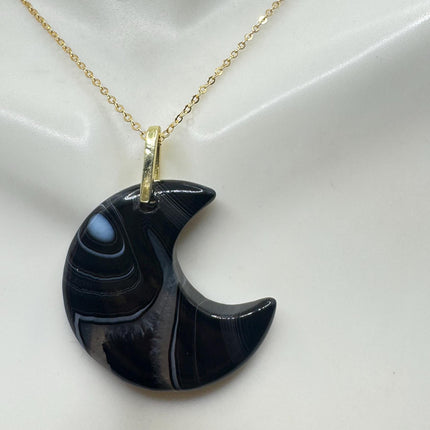 Vintage Gold Moon Pendant Necklace -Black Agate, Multiple Chain Lengths