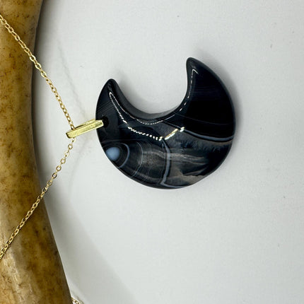 Vintage Gold Moon Pendant Necklace -Black Agate, Multiple Chain Lengths