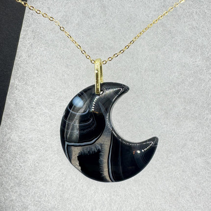 Vintage Gold Moon Pendant Necklace -Black Agate, Multiple Chain Lengths