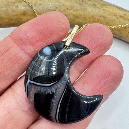 Vintage Gold Moon Pendant Necklace -Black Agate, Multiple Chain Lengths