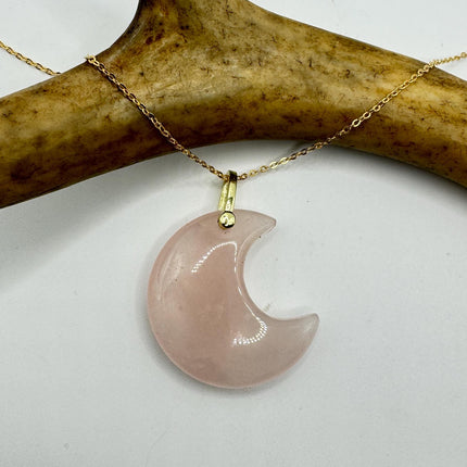 Vintage Gold Moon Pendant Necklace Pink Rose quartz Multiple Chain Lengths